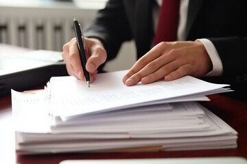 Office employee working with documents close-up view. Businessman signing a document or application. Generative AI