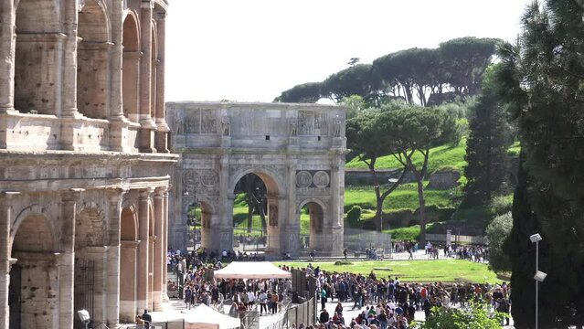 Europe, Italy, Rome, the Colosseum ancient theater and Arch of Constantine is one of the seven wonders of the world Unesco Heritage - tourist attraction sightseeing 
