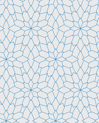Obraz premium Seamless abstract geometric pattern with blue thin lines on a white background. Snowflake vector illustration. Modern fractal linear texture for textile, wrapping, packaging, and decorative projects. 