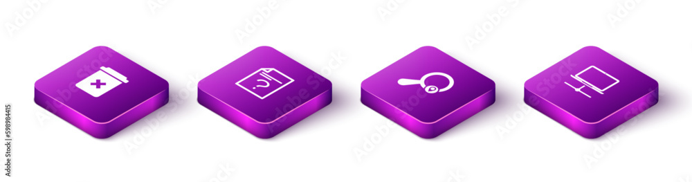 Poster set isometric trash can, unknown document, search location and computer network icon. vector