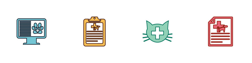 Set Clinical record pet on monitor, , Veterinary clinic and Medical certificate for dog cat icon. Vector