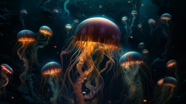 Unleash the Magic of Underwater Scenes with Ultra HD Detail and Super Wide-Angle View: Luminous Jellyfish, Bubbles & More in Ultra-realistic 3D, Generative AI