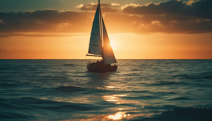 Sailboat silhouette glides on tranquil sunset waters generated by AI