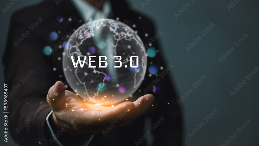 Aufkleber digital communication and virtual screen technology concept web 3.0.hand touch globe internet.