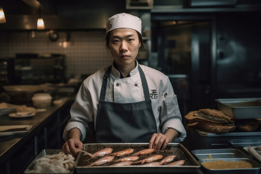 Generative AI image of Chinese male in chef clothes while standing with tray of fresh meat and working in dark kitchen with utensils