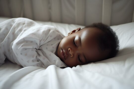 American African Newborn Baby Sleeping In The Bed. Generative AI