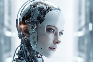 Generative AI illustration of young female detailed cyborg with mechanisms and wires in head against digital technological background