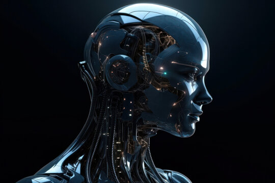 AI generated illustration of black colored cyborg with glowing eyes and glossy surface looking away on dark backdrop