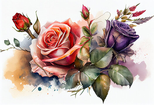 Watercolor rose flower bouquet over white background. Generative ai