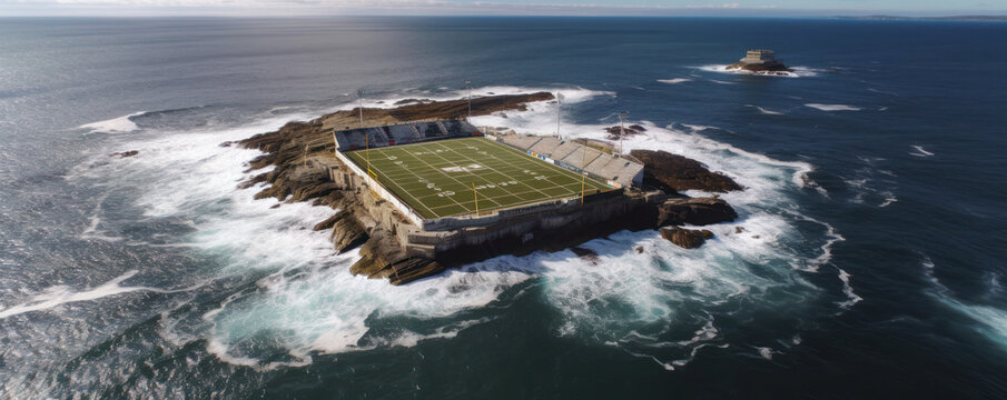 Generative AI illustration drone view of small island in middle of blue sea with football stadium and foamy waves rolling on rocky coast