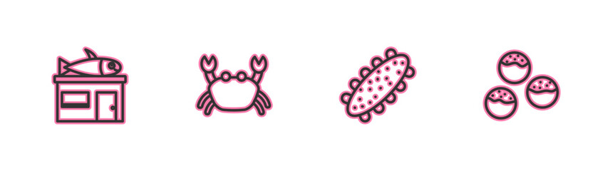 Set line Seafood store, cucumber, Crab and Takoyaki icon. Vector