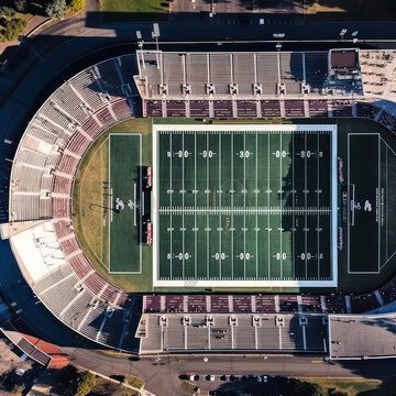 Generative AI illustration aerial view of modern American football field on stadium surrounded by red grandstands on sunny day