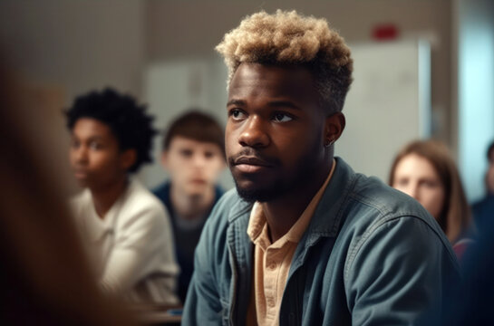 Generative AI Illustration Of Focused Ethnic Male Student While Listening Attentively To Teacher