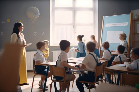 Generative AI illustration of class full of children listening to young female teacher explaining lesson standing against chalkboard in modern classroom