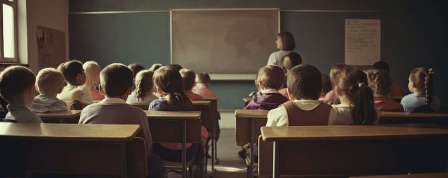 Generative AI illustration of class full of children listening to female teacher explaining lesson standing against chalkboard in modern classroom