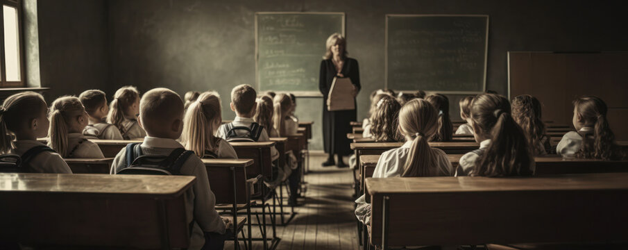 Generative AI illustration of class full of children listening to female teacher explaining lesson standing against chalkboard in modern classroom
