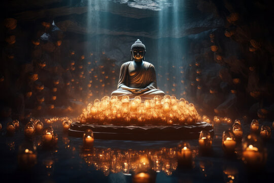Generative AI illustration of Buddha sitting in lotus pose and meditating near burning candles in dark cave concept of religion and mindfulness