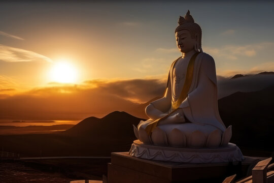 Generative AI illustration of Buddha statue in Padmasana against mountains and sea under bright orange sunset sky in evening