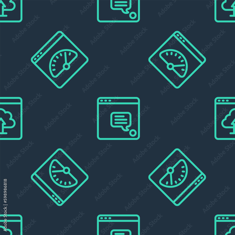 Poster set line new chat messages notification, digital speed meter and cloud upload on seamless pattern. v