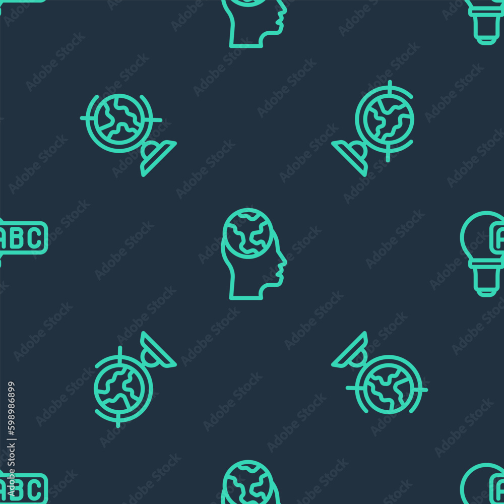 Poster set line learning foreign languages, earth globe and creative lamp light idea on seamless pattern. v