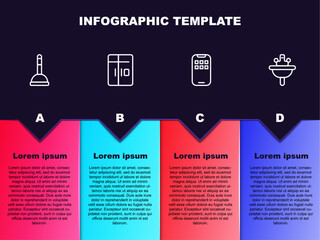 Set line Rubber plunger, Refrigerator, Mobile Apps and Washbasin. Business infographic template. Vector