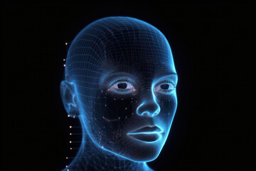 Generative AI illustration of biometric facial recognition or identification technology on human head created in low poly style against black background