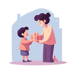 Boy handing a present to his mother