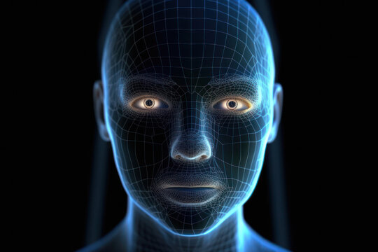 Generative AI illustration of biometric facial recognition or identification technology on human head created in low poly style against black background