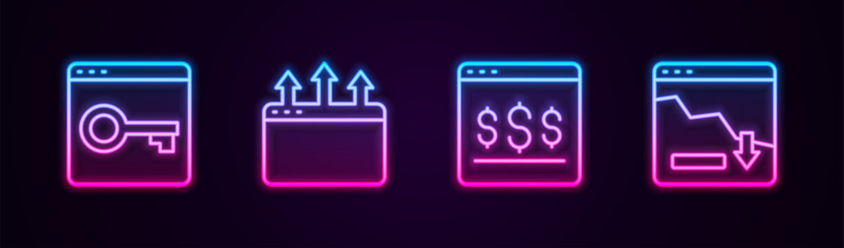 Set line Secure your site with HTTPS, SSL, Browser window, Online shopping on screen and Financial growth decrease. Glowing neon icon. Vector