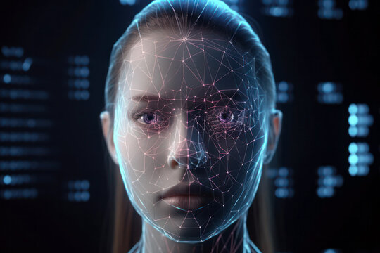 Generative AI illustration of biometric facial recognition or identification technology on human head created in low poly style against black background