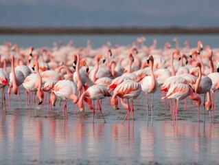 A flock of flamingos wading in the. Generated with AI Technology
