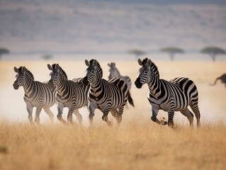 Fototapeta na wymiar A group of zebras running. Generated with AI Technology