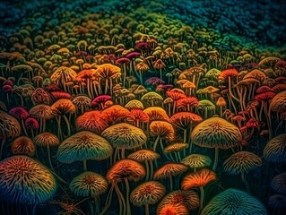 A stylized field of mushrooms