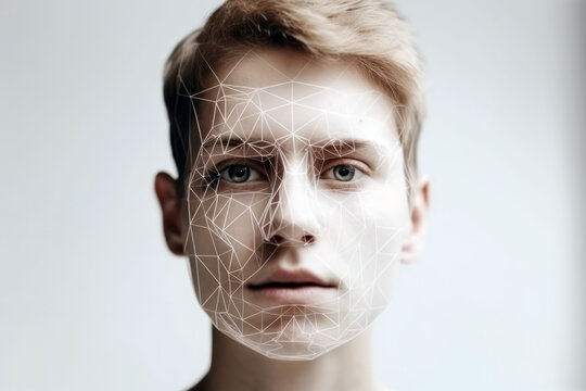 Generative AI illustration of biometrical scan reading for man facial identification while unlocking access against white background