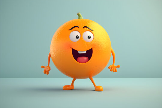 Cheerful cartoon orange character with cute smile. Sweet orange fruit, happy funny food personage. Healthy food concept. 