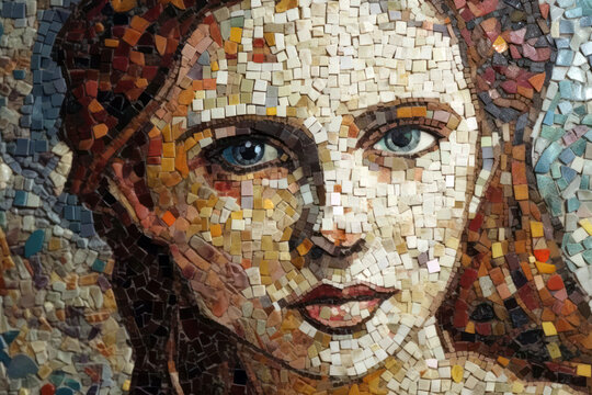 Generative AI illustration of woman portrait made of many small mosaic pieces