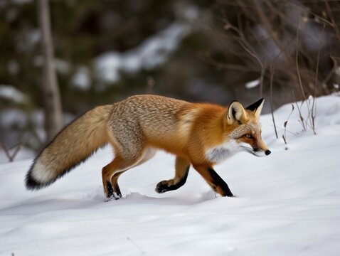 A red fox hunting in the snow. Generated with AI Technology © Christian