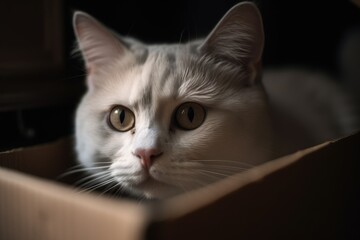 an off white gray cat sticking its head out of a box Generative AI