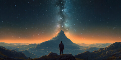 Back view of tourist standing on background of mountains and sky with glowing stars in night time. Generative AI