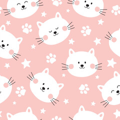 Seamless pattern with cute cats. Cartoon vector illustration with cats, pet paw and stars on pink background. It can be used for wallpapers, wrapping, cards, patterns for clothes and other.
