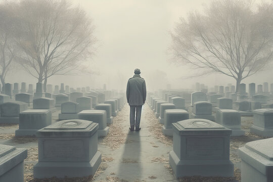 Back view of unrecognizable man in warm clothes and hat walking in cemetery in a foggy day. Generative AI