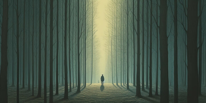 Back view of unrecognizable man walking on forest at twilight. Generative AI
