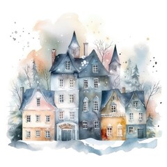 Cute old city. Watercolor poster. Old town landscape.