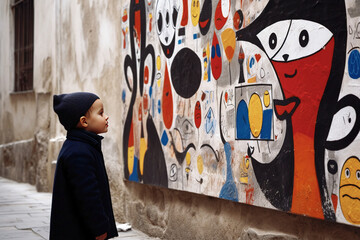 A child facing a wall painting in the street of a city - generative AI