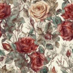 Shabby chic vintage roses, vintage seamless pattern, classic chintz floral repeat background.