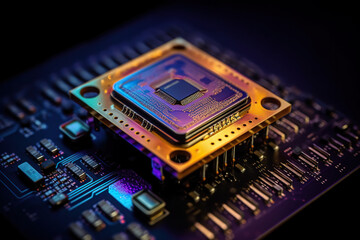 Generative AI illustration of contemporary illuminated supercomputer and central processing unit with glowing schemes in dark room with neon illumination