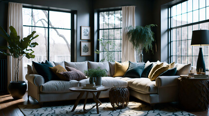 A cozy living room with high windows and a comfortable sectional sofa