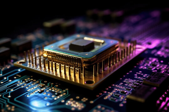 Generative AI illustration of contemporary illuminated supercomputer and central processing unit with glowing schemes in dark room with neon illumination