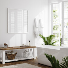 Poster frame mockup in white cozy bathroom interior background, 3d render © artjafara