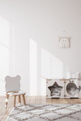 White cozy children room interior background, wall mockup, 3D render